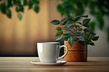 Closeup white cup of coffee with small trees and green leaf on wooden table.Generative AI