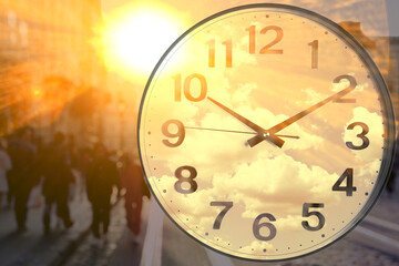 Time related concepts. Multiple exposure of clock, sky and people