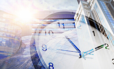 Time related concepts. Double exposure of clock and office buildings