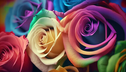Fototapeta na wymiar Bouquet of colorful roses close up. Rainbow colors roses in the vase. Generative AI
