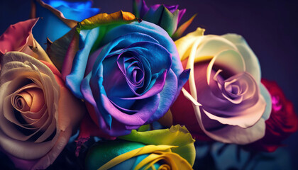 Fototapeta na wymiar Bouquet of colorful roses close up. Rainbow colors roses in the vase. Generative AI