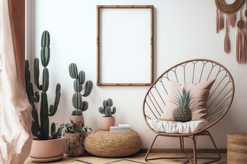 Boho style interior with empty photo frame mockup, cacti, chair, and white wall. AI-generated in 3D style.