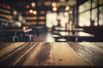 Empty wooden table top with lights bokeh on blur cafe restaurant background.Generative AI