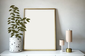 Blank picture frame mockup on white table with decorations on white wall. AI-generated in 3D style.