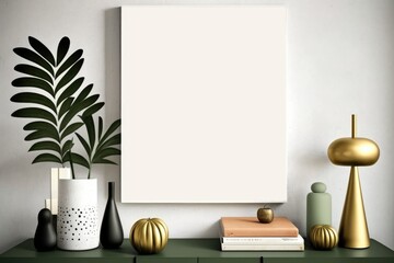 Mockup of empty photo frame above table with decorations on white wall. AI-generated in 3D style.