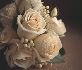 Wedding bouquet of roses close up. White roses for the bride Generative AI