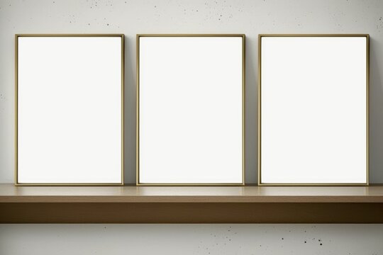 Set of three frame mockup with empty space on wooden shelf and beige wall. AI-generated in 3D style.