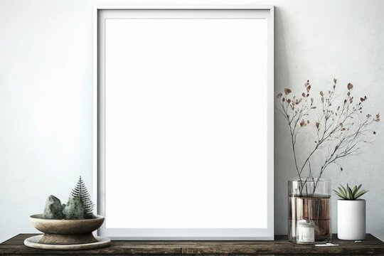Blank picture frame mockup on table with decorations. AI-generated in 3D style.	