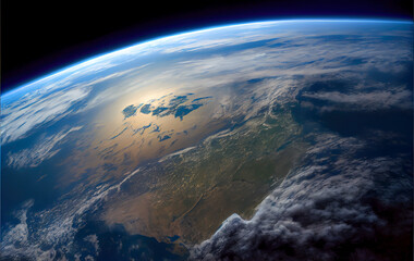 view from space of planet earth. background stars and clouds and continents below, created with Generative AI technology