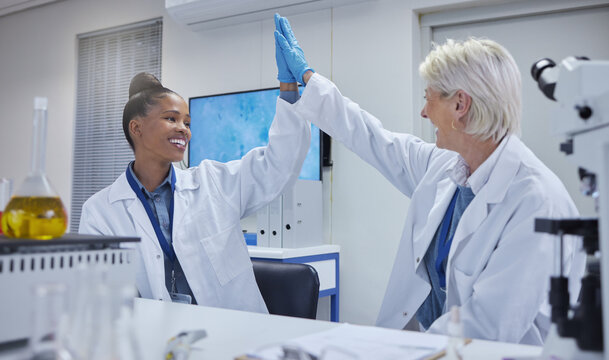 High Five, Teamwork Or Doctors For Success Research, Medicine Breakthrough Or Partnership In Lab. Science, Collaboration Or Happy Scientist For Medical Support, Nurse Goals Or DNA News With Smile