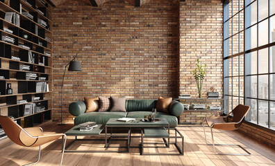 Naklejka na ściany i meble Living room loft in industrial style ,3d render