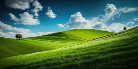 green grassy hills with blue sky and some clouds, Generative AI - obrazy, fototapety, plakaty