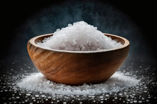 Salt in wooden bowl on dark background.Generative AI