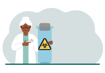 A old female doctor or scientist is holding a test tube with a biohazard or virus warning label on it. Biological hazard.