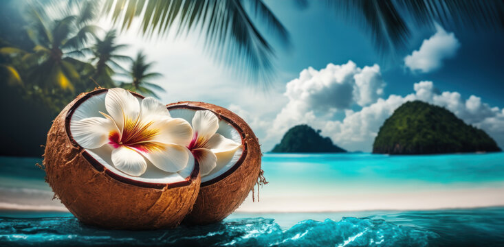 a cocunut with flowers under palm trees at the beach, Generative AI