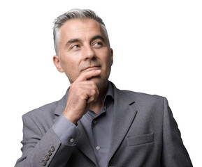 Smart businessman thinking with hand on chin
