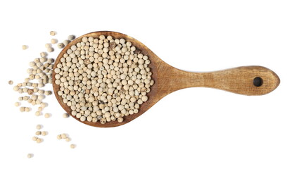 Grain white pepper pile, peppercorn in wooden spoon isolated on white, top view  