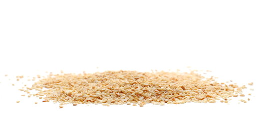 Pile chopped dry garlic isolated on white, side view