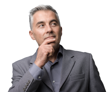 Smart businessman thinking with hand on chin