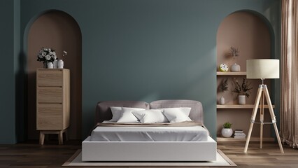 Obraz na płótnie Canvas Cozy green bedroom with furniture decor accessories.