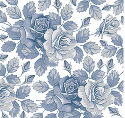 Beautiful blooming realistic isolated pattern Roses flowers. Vintage background fabric wildflowers. Wallpaper baroque. Drawing engraving sketch Vector victorian style illustration