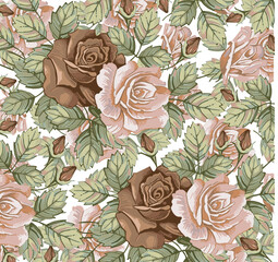 Beautiful blooming realistic isolated pattern Roses flowers. Vintage background fabric wildflowers. Wallpaper baroque. Drawing engraving sketch Vector victorian style illustration