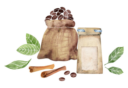 Watercolor hand drawn composition with coffee paper and jute bags, beans, leaves, cinnamon spices. Isolated on white background. For invitations, cafe, restaurant food menu, print, website, cards
