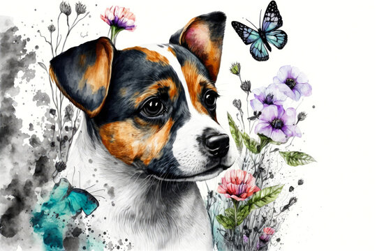 a painted jack russell terrier between spring flowers watching a butterfly, Generative AI