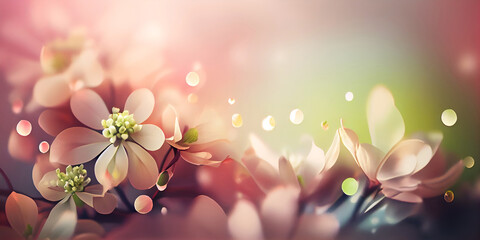 Spring nature banner with flowers, leaves and bokeh glow. Created with Generative AI technology.