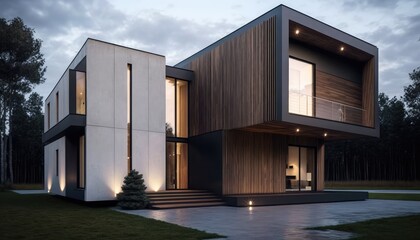 Modern Stucco and Wood Clad House. Generative ai
