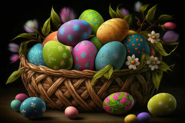 Fototapeta na wymiar beautiful basket with easter eggs and flowers, Generative AI
