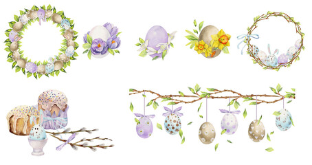 Watercolor hand drawn Easter celebration clipart. Set of frames, compositions with eggs, bunnies, flowers Pastel. Isolated on white background. For invitations, gifts, greeting cards, print, textile © Elena