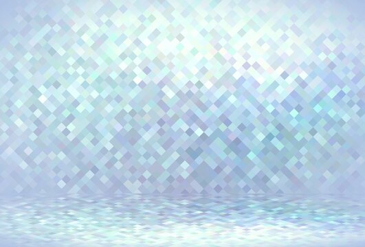 Light blue brilliance pixel crystallic 3d background. Small mosaic empty room abstract illustration.