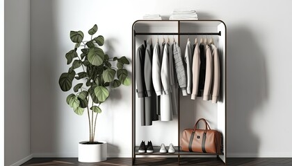 Wardrobe rack with stylish clothes near white wall indoors. Generative ai