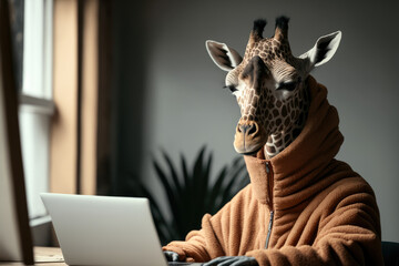 a giraffe wearing a hoodie working on a laptop, Generative AI