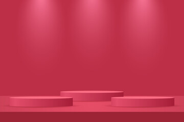 Background with abstract red cylindrical podium present product display