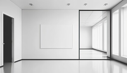 An empty office with a white wall in front of a large window and a meeting table. Generative ai