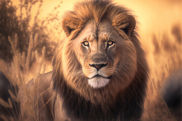 Fototapeta premium a lion walking in the grass of the savannah, Generative AI