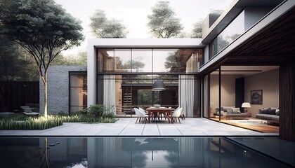 Backyard with Pool of Contemporary House. Generative ai