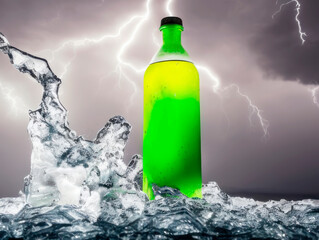 Green energy drink bottle with droplets standing in splashing ice with a thunderstorm on a dark sky in the background