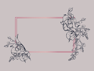 Hand drawn vector ink orchid flowers and branches, monochrome, detailed outline. Horizontal frame composition. Isolated on white background. Design for wall art, wedding, print, tattoo, cover, card.