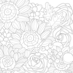 Realistic mix flowers bouquet with roses, small berries and sunflowers sketch template. Graphic vector illustration in black and white for games, background, pattern, decor. Coloring paper, page, book