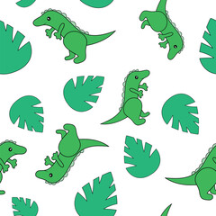 Seamless pattern of cute dino and leaves