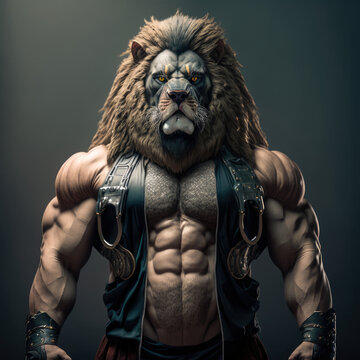 muscular lion in biker outfit on grey background, generative ai