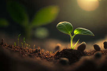close up of tiny green seedlings sprouting in the ground, Generative AI - 572186370