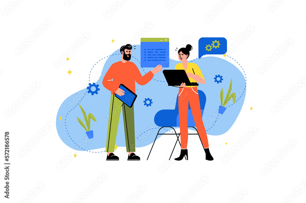Poster Concept Software developers with people scene in the flat cartoon style. Two programmer develop software for client which is suitable for different.