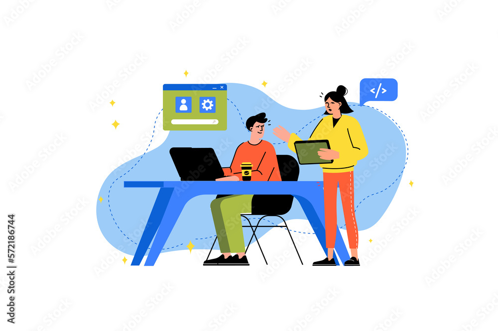 Poster concept ui ux programming with people scene in the flat cartoon design. web designer shows a colleag