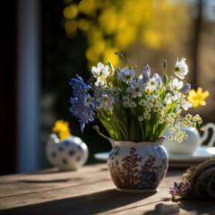 vase with spring flowers on a garden table, Generative AI © fotogestoeber