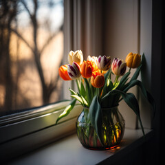 tulips in a vase on a windowsill, Generative AI