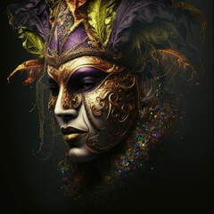 androgynous person wearing a colorful venetian mask with feathers on dark background, Generative AI